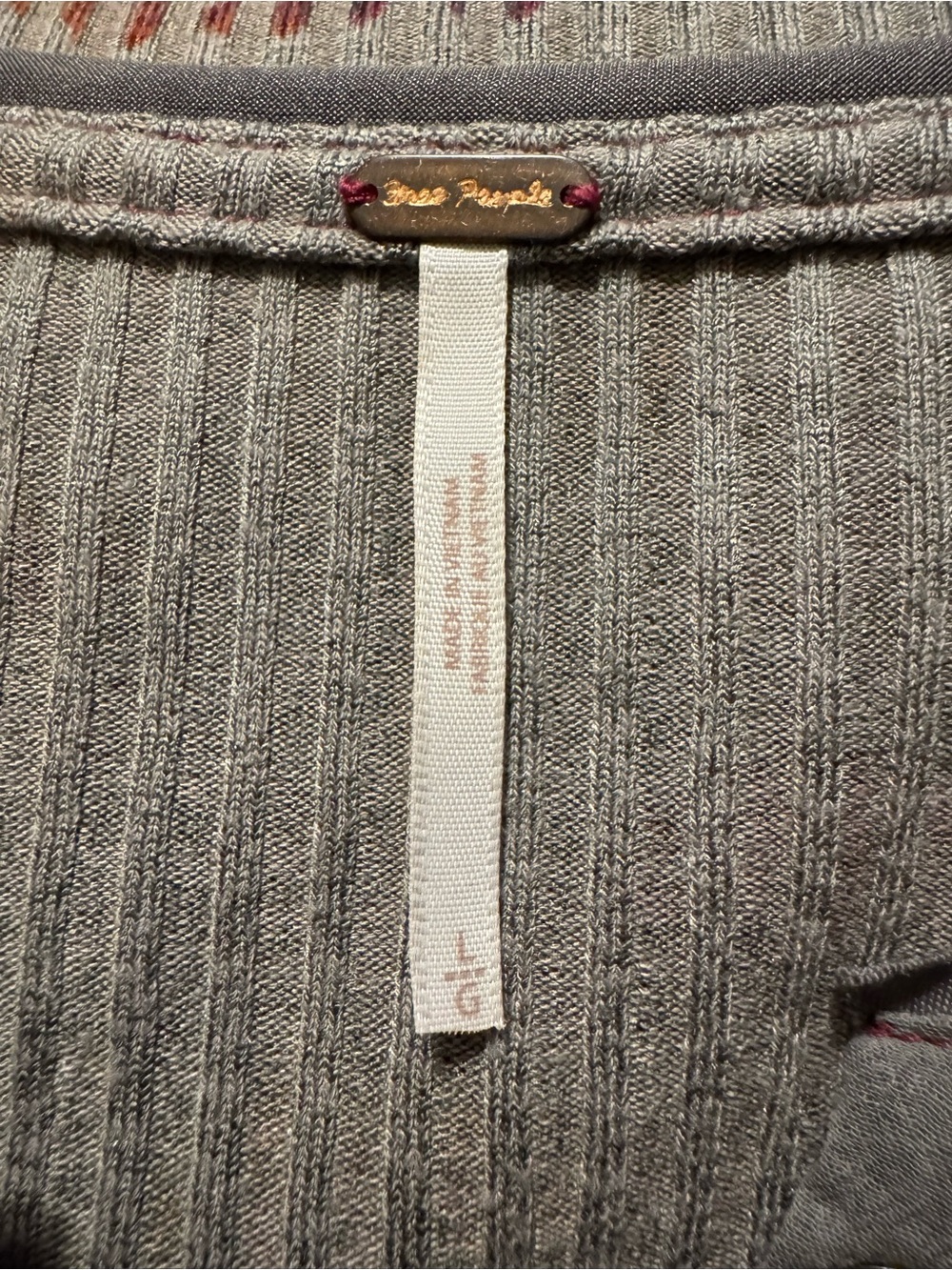 Free People Gray Ribbed Henley Top with Burgundy Rust Accents - Picture 3 of 5